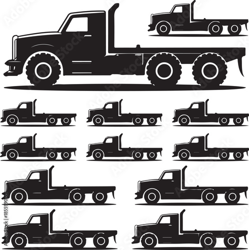 Collection of heavyduty flatbed trucks in various perspectives isolated