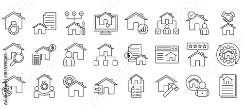 Property management icon set, containing property search, sign contract, leasing, agreement, property, ownership, repair and more. Solid vector icons collection.