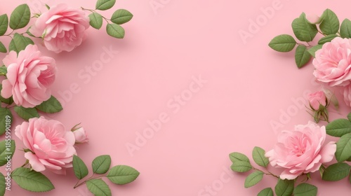 Soft Pink Roses and Green Leaves on a Light Pink Background for Romantic and Floral Designs, Invitations, or Decoration Ideas