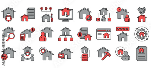 Property management icon set, containing property search, sign contract, leasing, agreement, property, ownership, repair and more. Solid vector icons collection.