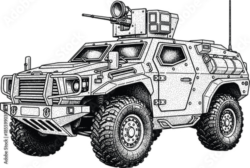Black and white stipple art illustration of an armored military vehicle with gun turret cad drawing flat vector illustration tactical truck