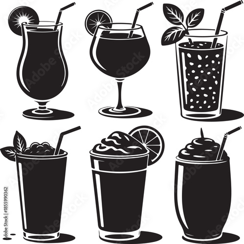 Assorted summer drinks and cocktails in stylish glassware illustration