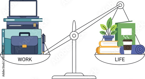 Illustration depicting the delicate yet crucial balance between professional work obligations and essential personal life activities using a balanced scale metaphor.