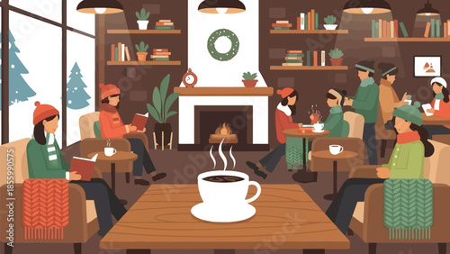 Cozy winter scene depicting people relaxing and reading books inside a warm cafe with a central fireplace and hot drinks
