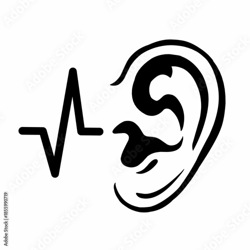 Minimalist black and white vector icon of a human ear with an audio wave signal. A clean graphic representation of hearing, sound perception, listening, and medical audiology concepts