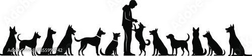 Dog training silhouette with person and twelve dogs, obedience session, pet discipline, animal care and interaction scene for design, flat vector