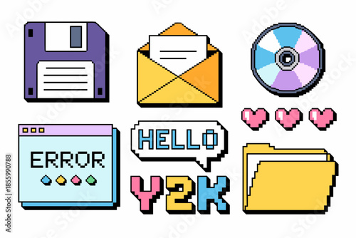 Nostalgic Y2k Pixel Art Icons Floppy Disk, Email, CD, Error, Hearts, Folder
