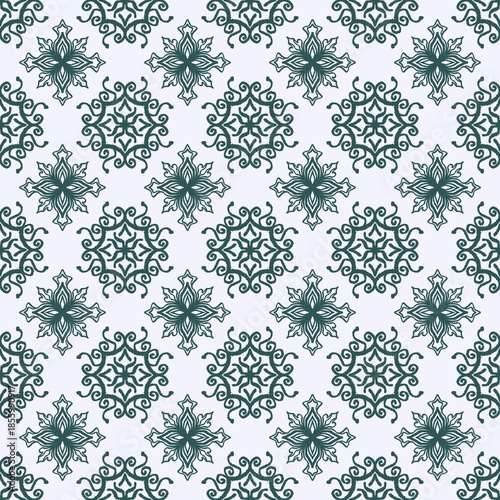 Ornamental Green Floral Grid on Light Gray
Alternating green floral and swirl motifs on light gray grid, classic and balanced.