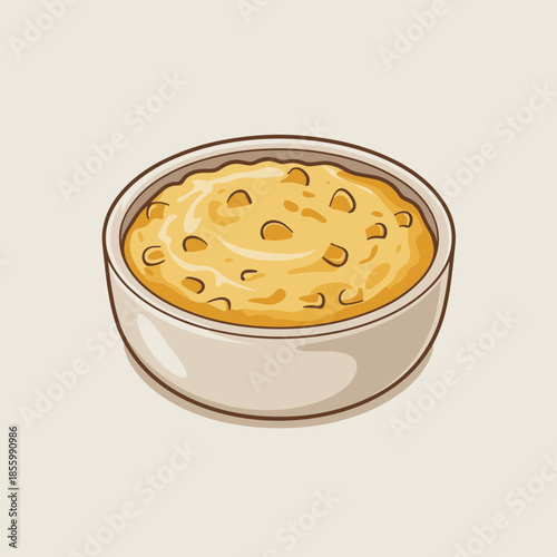 Vector illustration of baked corn pudding in a white ceramic bowl – Great for modern food illustration, recipe card design, or culinary advertisements.