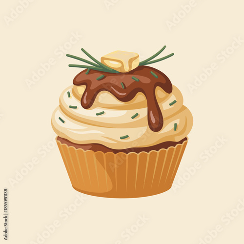 Mashed potato gravy cupcake vector graphic – Perfect for playful Thanksgiving themes, holiday marketing, or novelty food art.