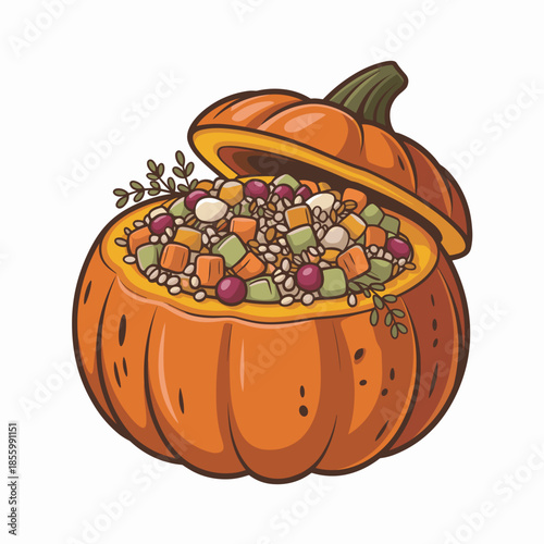 Thanksgiving stuffed pumpkin vector with grains and vegetables – Suitable for seasonal recipe blogs, culinary school materials, or holiday catering brochures.