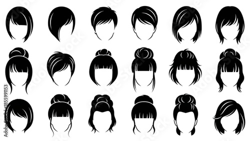 Elegant collection of women's hairstyles in black silhouette, diverse female haircuts for modern fashion and beauty concepts