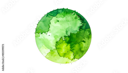 Circular watercolor painting depicting shades of green, with a mottled, blended texture