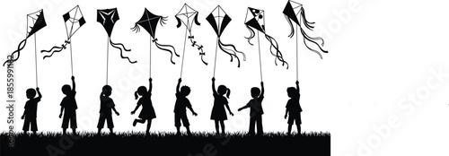 Children flying kites silhouette on grass, playful kids outdoor activity, diverse kite shapes and joyful childhood moment illustration, flat vector