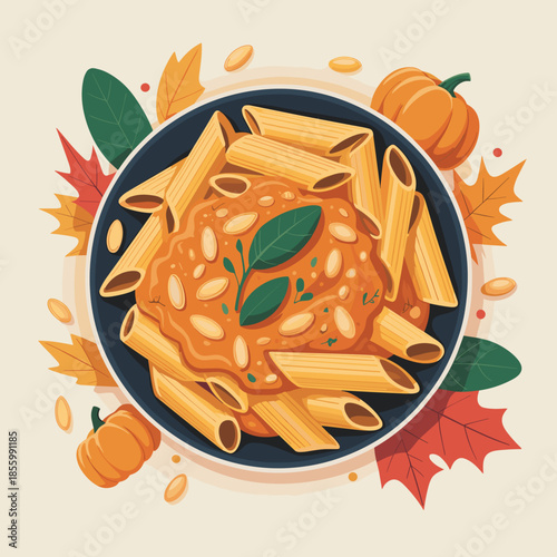 Vibrant pumpkin pasta vector for festive autumn meal graphic – Great for holiday cooking blogs, Halloween party food ideas, or seasonal restaurant promotions.