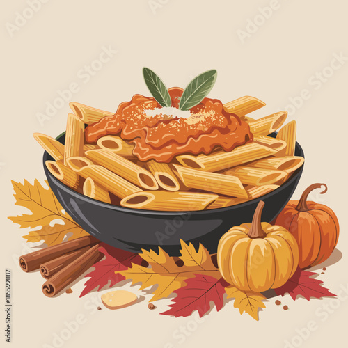 Pumpkin pasta vector illustration for Halloween or Thanksgiving – Ideal for seasonal recipe cards, autumn menu design, or food-themed holiday events.