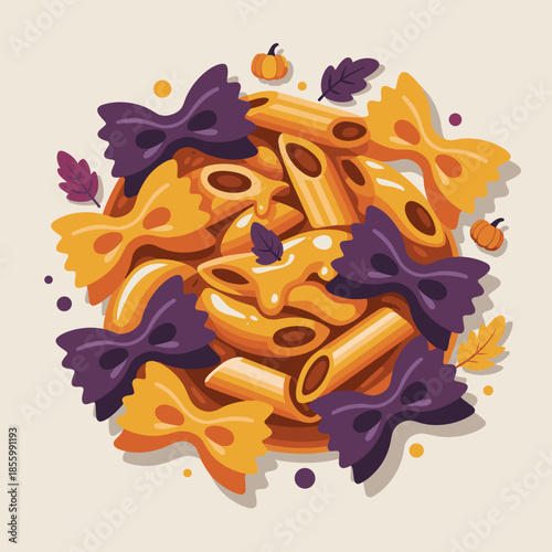 Whimsical pumpkin pasta vector for Halloween-Thanksgiving dish – Perfect for seasonal food packaging, holiday event flyers, or autumn recipe websites.
