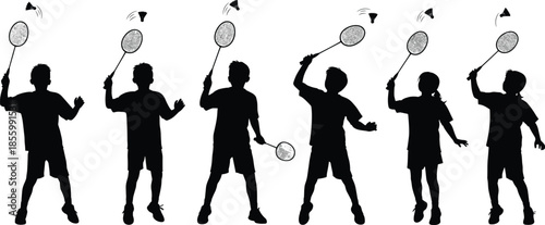 Children playing badminton silhouette, racket and shuttlecock action, dynamic sports movement, outdoor activity, energetic group coordination scene, flat vector