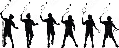 Children playing badminton silhouette, active sports movement, racket and shuttlecock action, outdoor recreation, dynamic pose illustration for design, flat vector