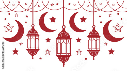 Elegant islamic festive illustration with hanging lanterns, crescent moons, and stars