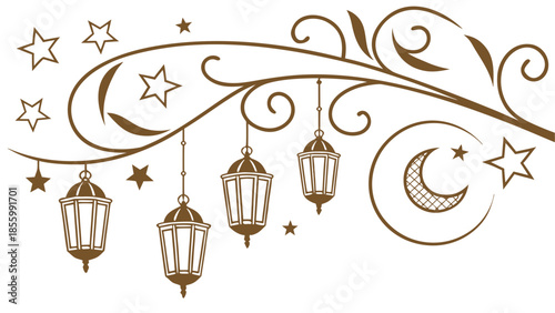 Elegant islamic decorative element with lanterns, stars, and a crescent moon