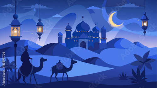 Peaceful ramadan night in the desert with a mosque and illuminated lanterns
