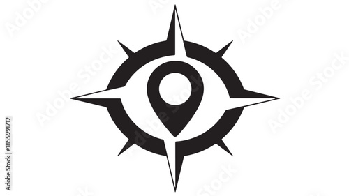 Compass rose with a central location pin – bold black vector icon