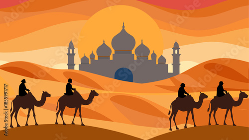 Caravan of riders on camels journeying across the golden desert dunes at sunset towards a grand mosque