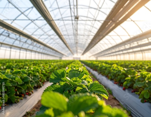 Strawberry Greenhouse Farm, Lush Green Plants.