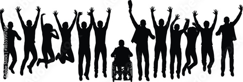 Inclusive celebration silhouette with diverse group, wheelchair user, graduation moment, joyful unity, people jumping and cheering scene illustration, flat vector