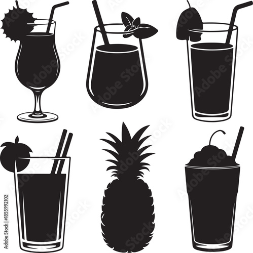 Assorted tropical drinks and pineapple silhouette set isolated