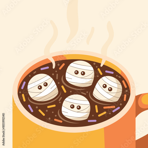 Adorable mummy hot cocoa vector with marshmallow topping – Perfect for cozy Halloween themes, seasonal cafe menus, or children's book illustrations.