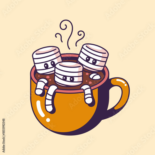 Steaming mummy hot cocoa vector illustration for Halloween – Suitable for festive beverage designs, seasonal social media content, or party invitations.