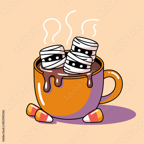 Cozy hot cocoa vector with mummy marshmallow and candy corn – Ideal for autumnal drink art, seasonal marketing campaigns, or comfort food blogs.