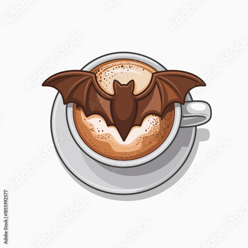 Minimalist bat-wing cappuccino vector on white background – Suitable for elegant Halloween themes, sophisticated food art, or digital posters.