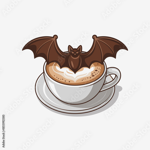 Halloween cappuccino vector illustration with dark chocolate bat – Ideal for seasonal drink promotions, modern spooky designs, or coffee-related content.