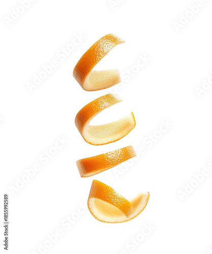 Orange Peel Spiral Falling in Segments Against Black citrus zest isolated on a transparent background