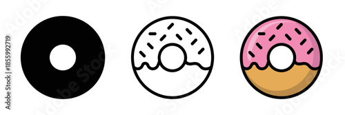 Three Donut Icon Vectors in Different Styles Depicting Sweet Bakery Food