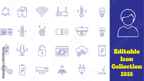 a smart home icon set with 30 outline icons including smart house, wifi, router, thermostat, temperature, smart light, bulb, switch, security camera, motion sensor, door lock, fingerprint, voice contr