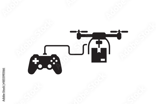  Drone delivery service controlled by game pad silhouette - Remote control drone carrying package with game controller