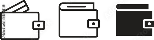 A set of three wallet icons in outline and solid styles for financial applications