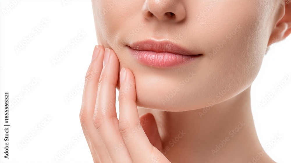 Obraz premium Woman touching smooth cheek with hand highlighting healthy lips and skin care on white.
