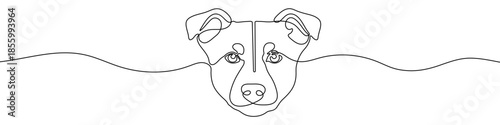 Dog head in one line art style. Drawing of a dog face, with black editable stroke on a white background. Vector illustration.