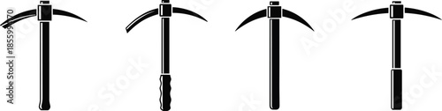 A collection of four black pickaxe silhouettes representing different tool variations for work