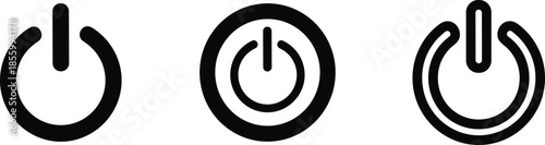 A collection of three black and white power button icons for user interface and technology design