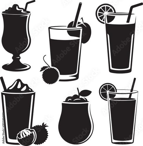 Assorted refreshing summer drinks with fruit garnishes illustration