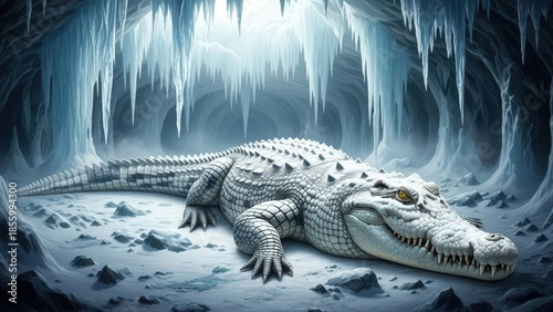 An albino alligator rests on a snowy ground inside a frozen ice cave with sharp icicles hanging from the ceiling.