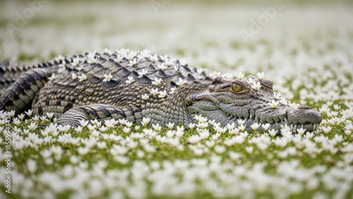A large crocodile resting peacefully amidst a field of small white wildflowers, partially covered by blossoms.
