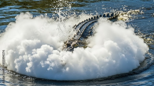 Alligator or crocodile thrashing in water, creating a large white foamy splash.