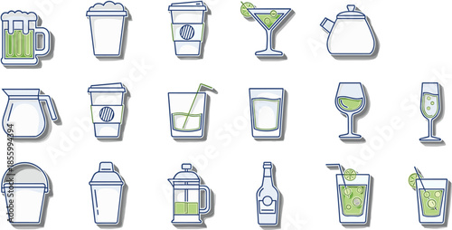 Beverage and drink flat icon set with coffee tea cocktails beer glasses mugs bottles for cafe bar design